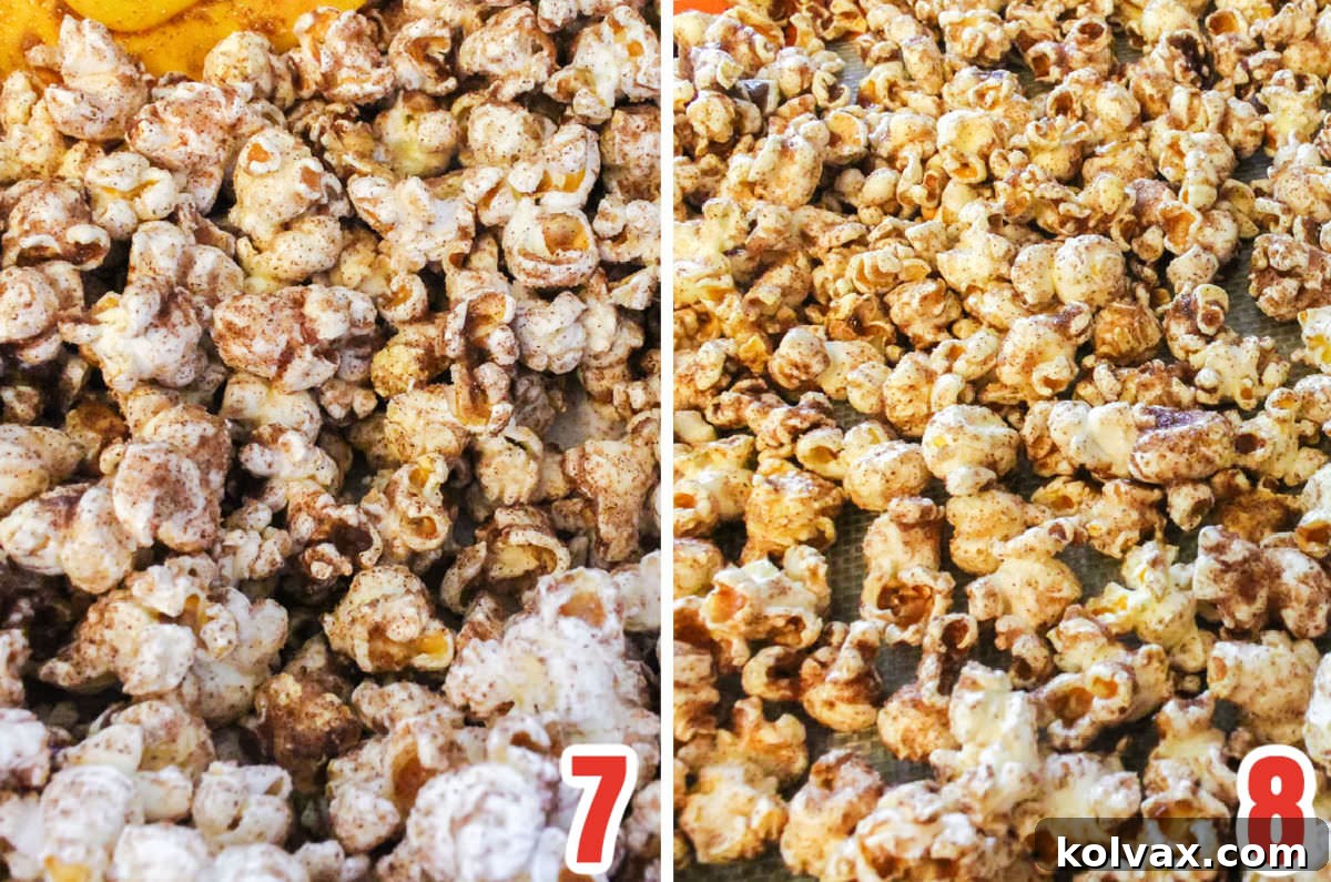 A two-part collage showing Cinnamon Toast Popcorn being spread onto a foil-lined cookie sheet to cool, with the finished popcorn in the background.