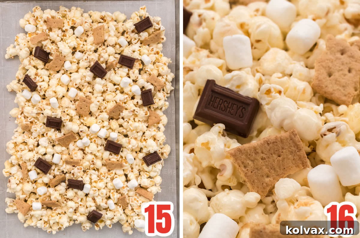 Campfire Crunch Popcorn 9 Collage image showing the final steps of adding candy mix-ins, like chocolate, graham crackers, and mini marshmallows, to the S'mores Popcorn spread on a baking sheet.
