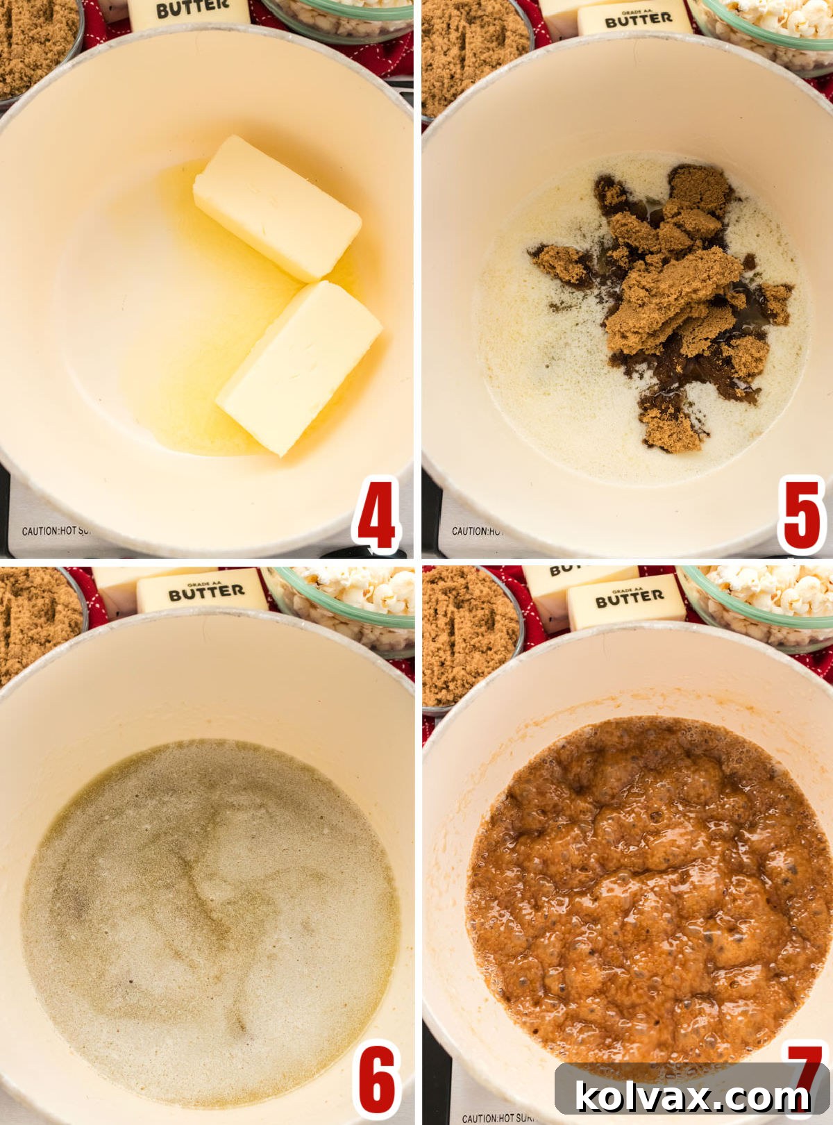 Collage image showing the steps for melting the butter and adding in the brown sugar to make the caramel mixture.