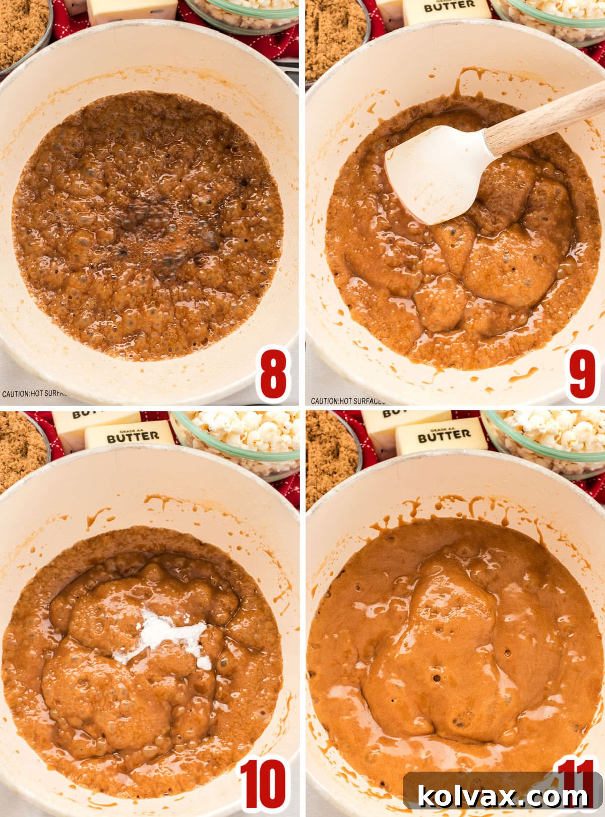Collage image showing the steps for cooking the caramel mixture.