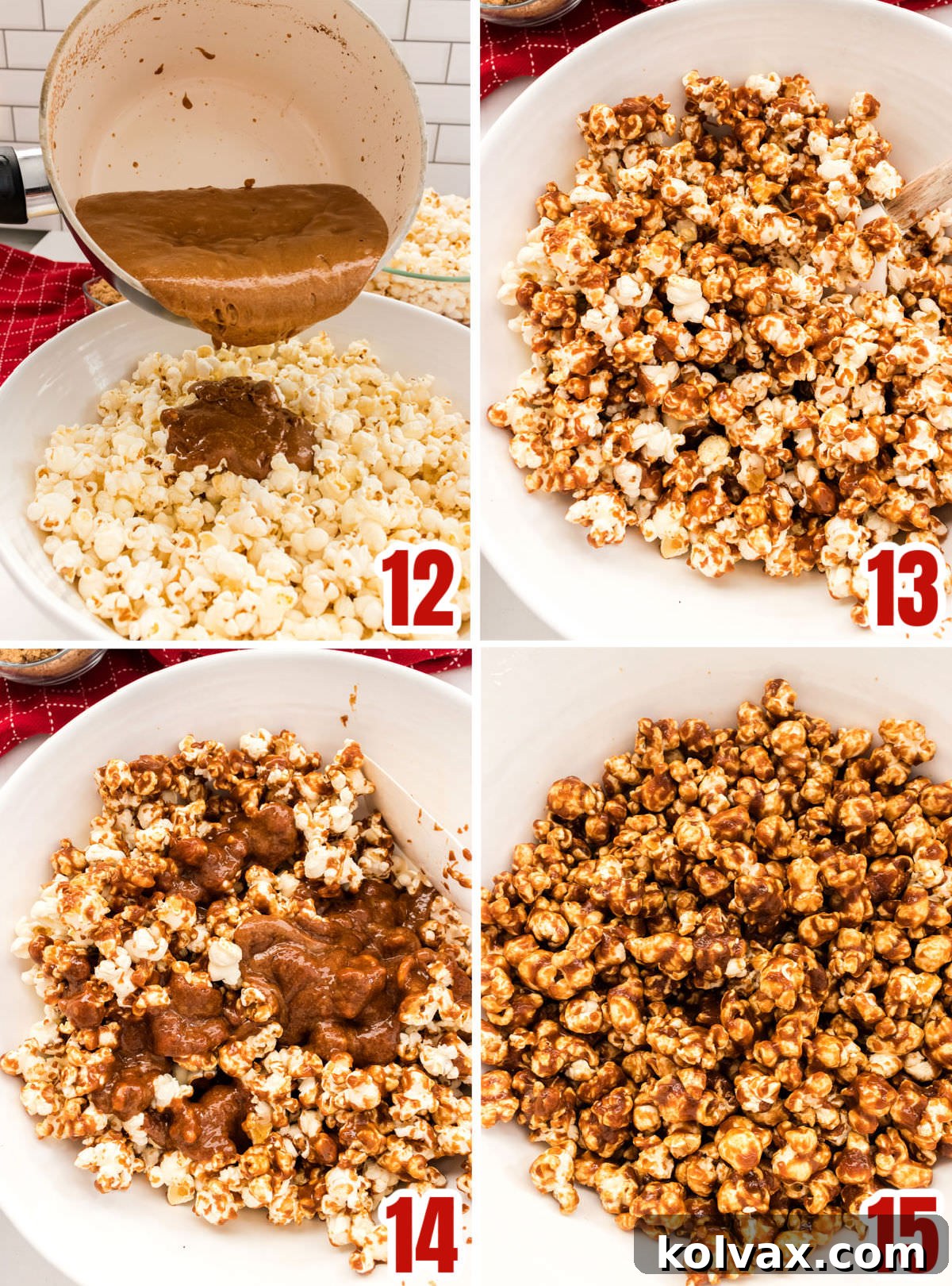 Collage image showing the steps for adding the caramel mixture to the popcorn to make the caramel corn.
