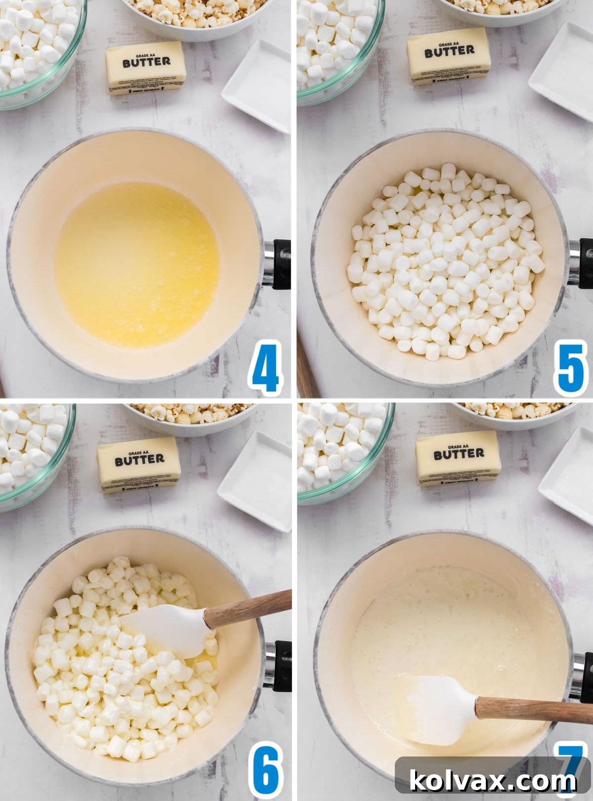Collage image showing three steps for making the blue marshmallow mixture: melting butter, adding mini marshmallows, and stirring until melted and smooth.