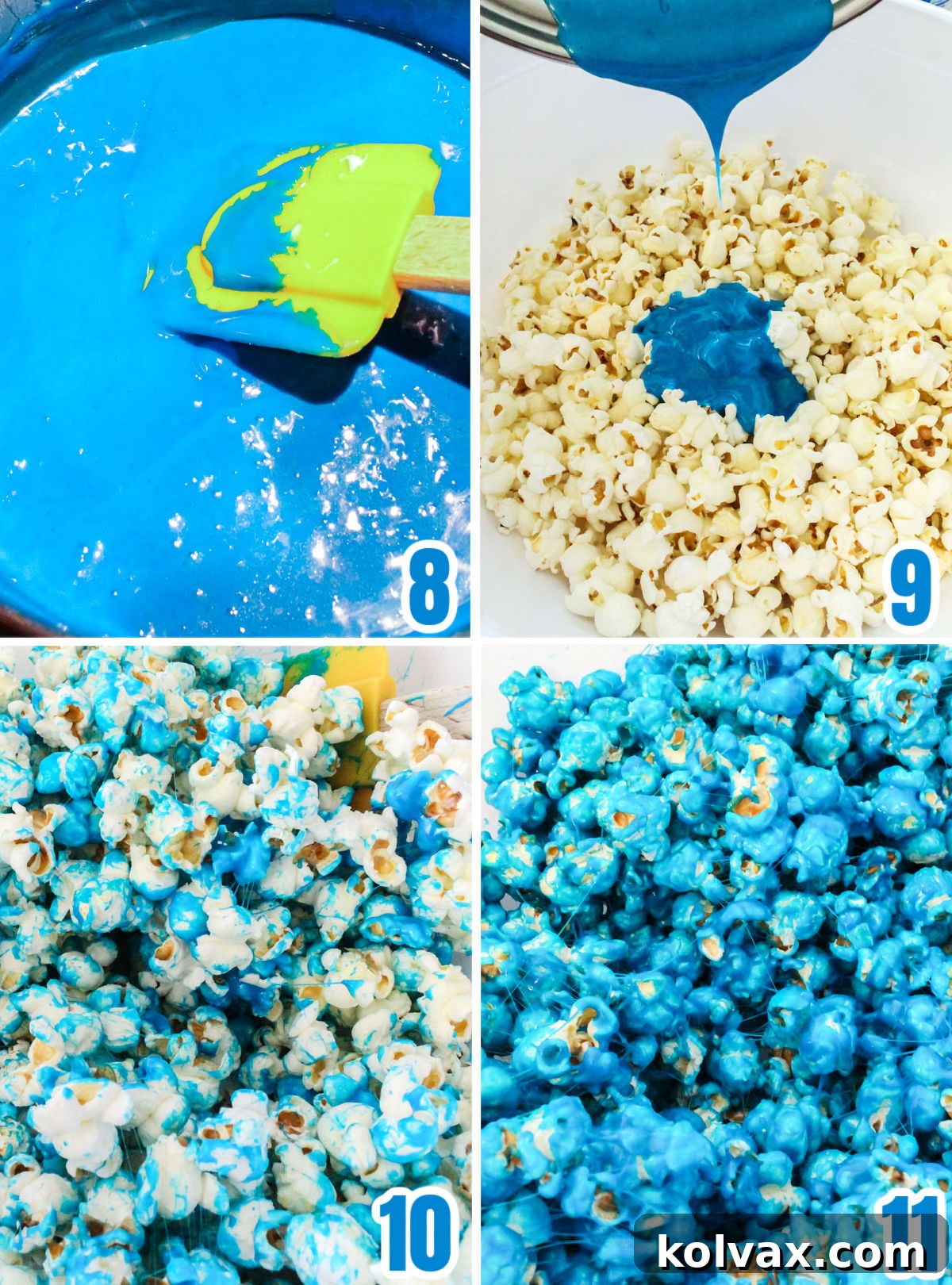 Collage image showing three steps: adding blue food coloring to marshmallow mixture, pouring it over popcorn, and gently folding the mixture with a spatula.