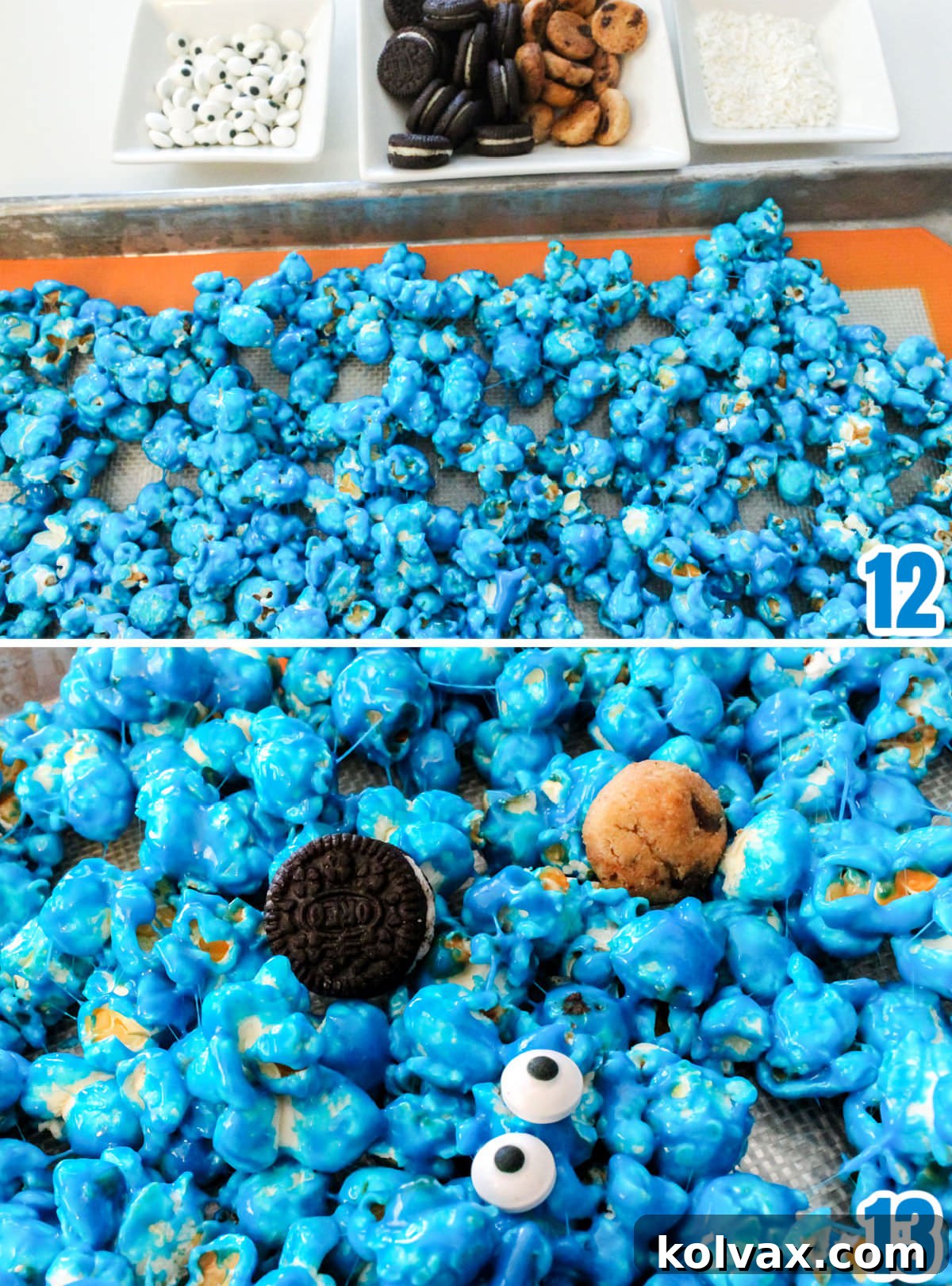 Collage image showing the final steps of making Cookie Monster Popcorn: spreading blue popcorn on a sheet, sprinkling mini cookies, and placing candy eyes.