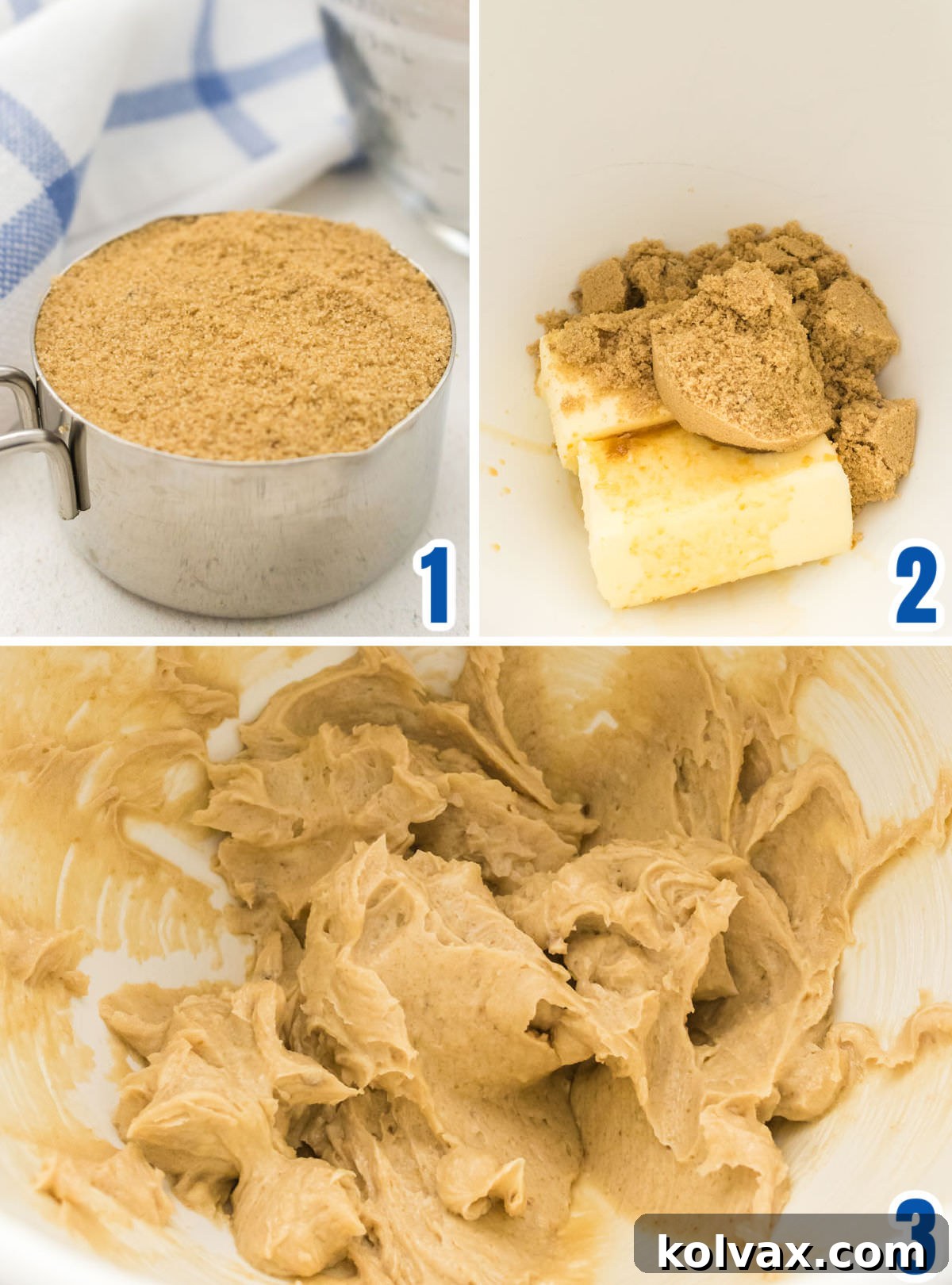 A visual guide showing the initial steps of combining softened butter, light brown sugar, and vanilla extract in a mixing bowl for Brown Sugar Buttercream Frosting.