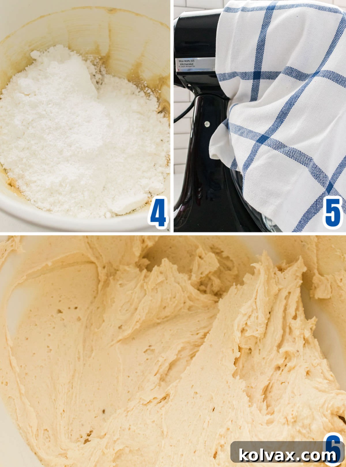 A sequence of images demonstrating the process of gradually adding powdered sugar to the creamed butter and brown sugar mixture for the perfect frosting consistency.