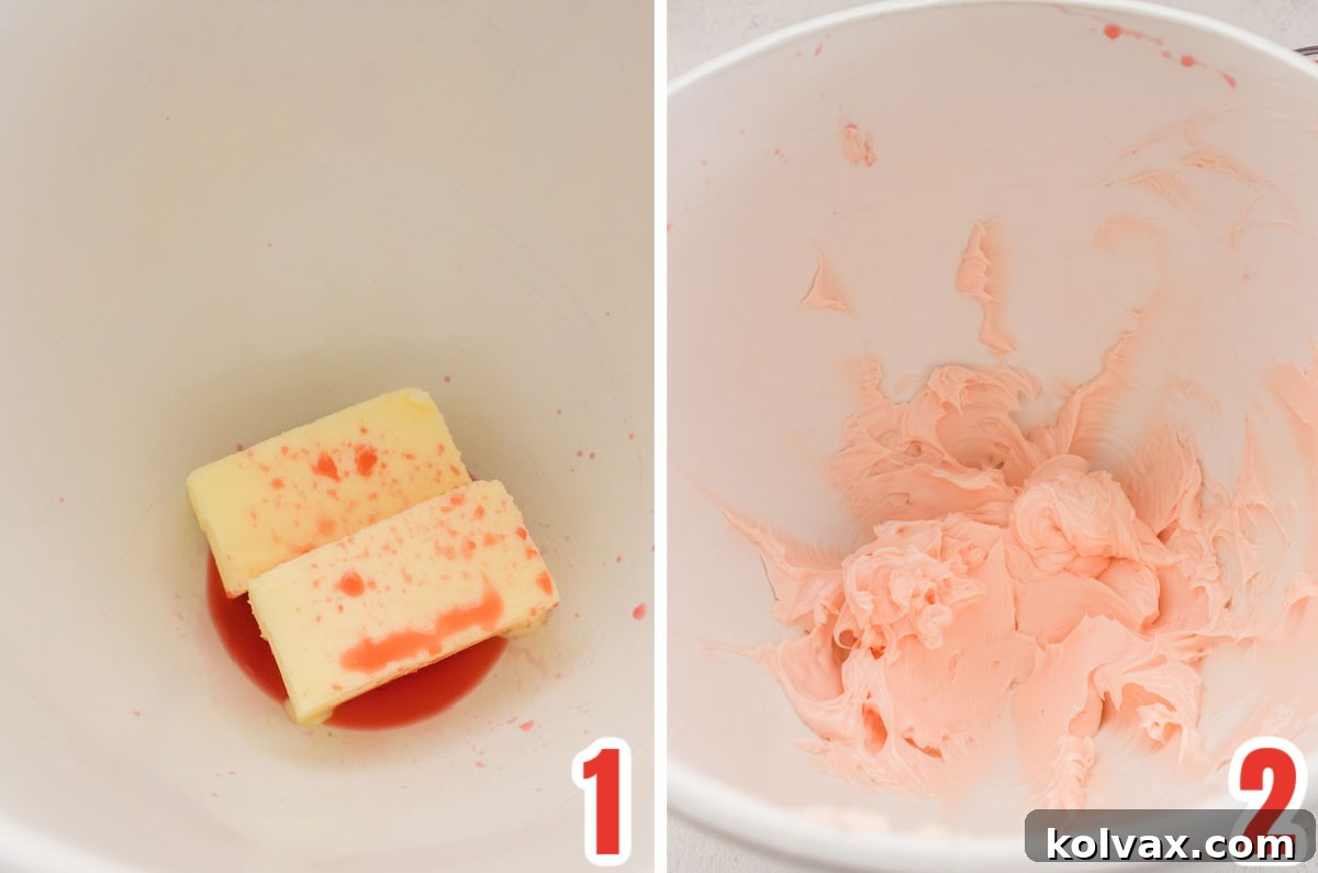 A two-panel collage demonstrating how to properly cream butter and maraschino cherry juice together for optimal flavor integration in frosting.