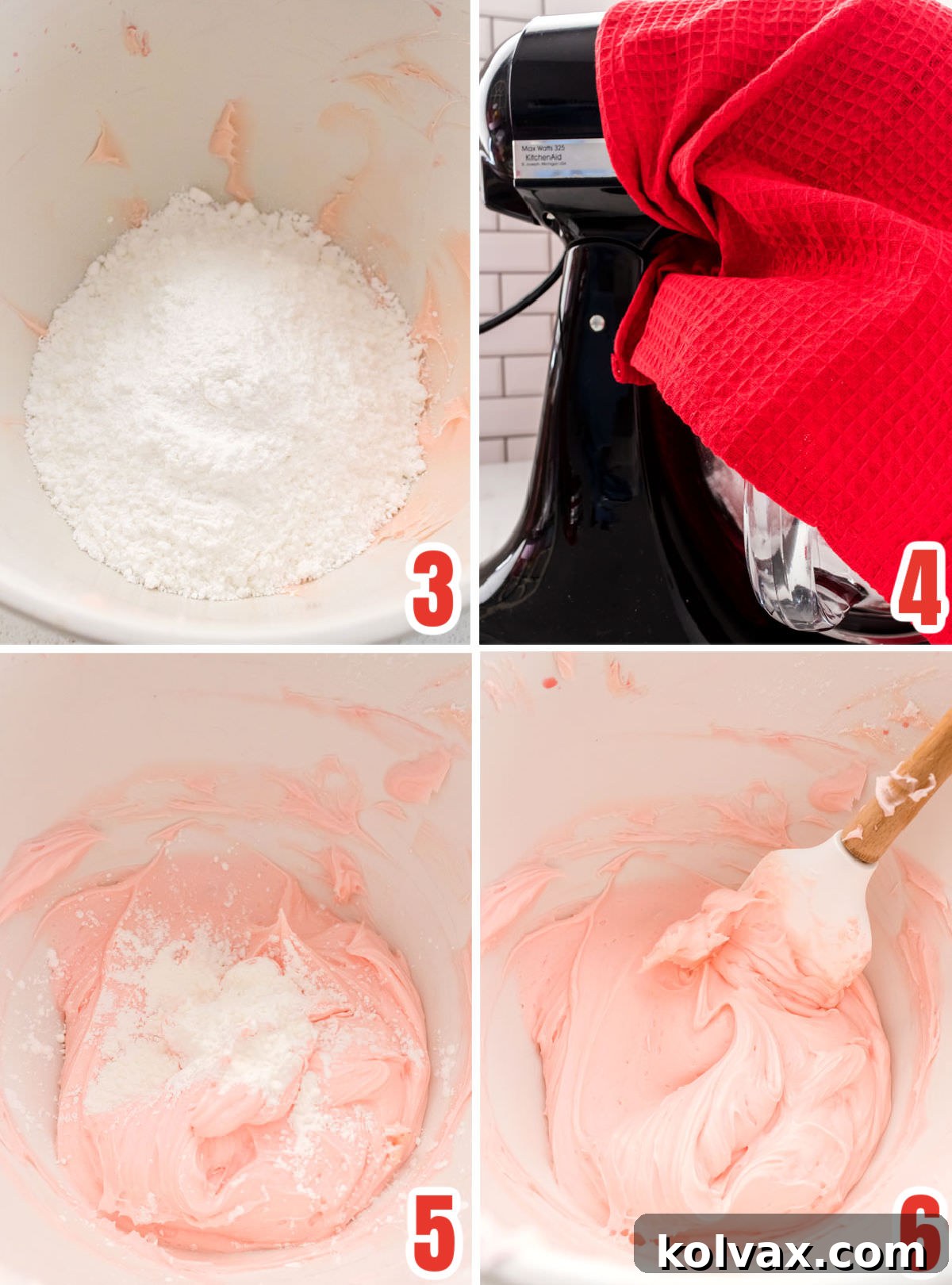 A three-panel collage illustrating the process of gradually adding powdered sugar to a cherry icing base for perfect consistency.