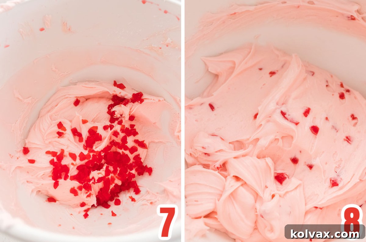 A collage image showcasing the final step of incorporating finely chopped maraschino cherries into the prepared frosting for added flavor and texture.