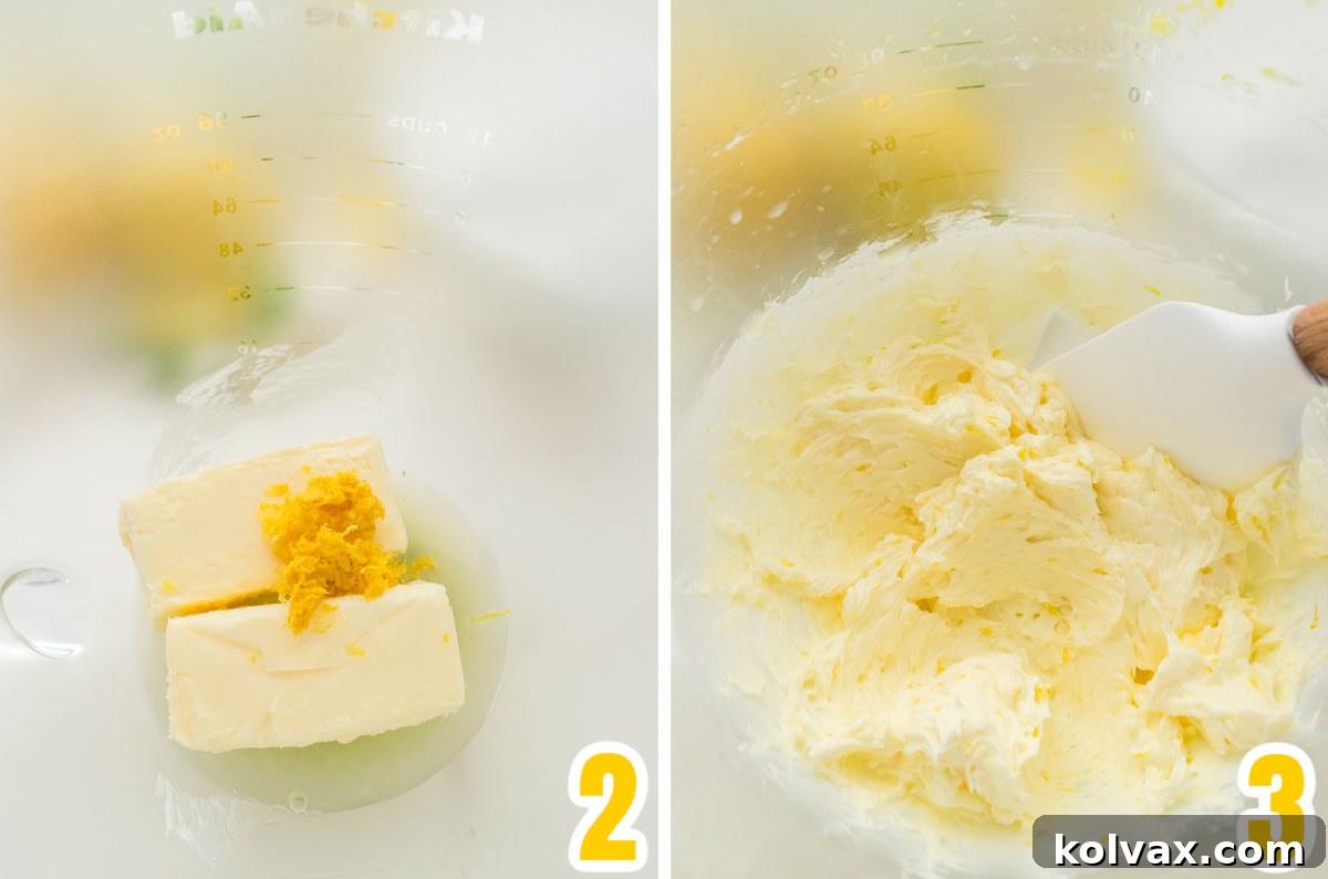 A collage of images demonstrating the initial creaming process: softened butter, fresh lemon juice, and lemon zest being mixed together in a stand mixer bowl.