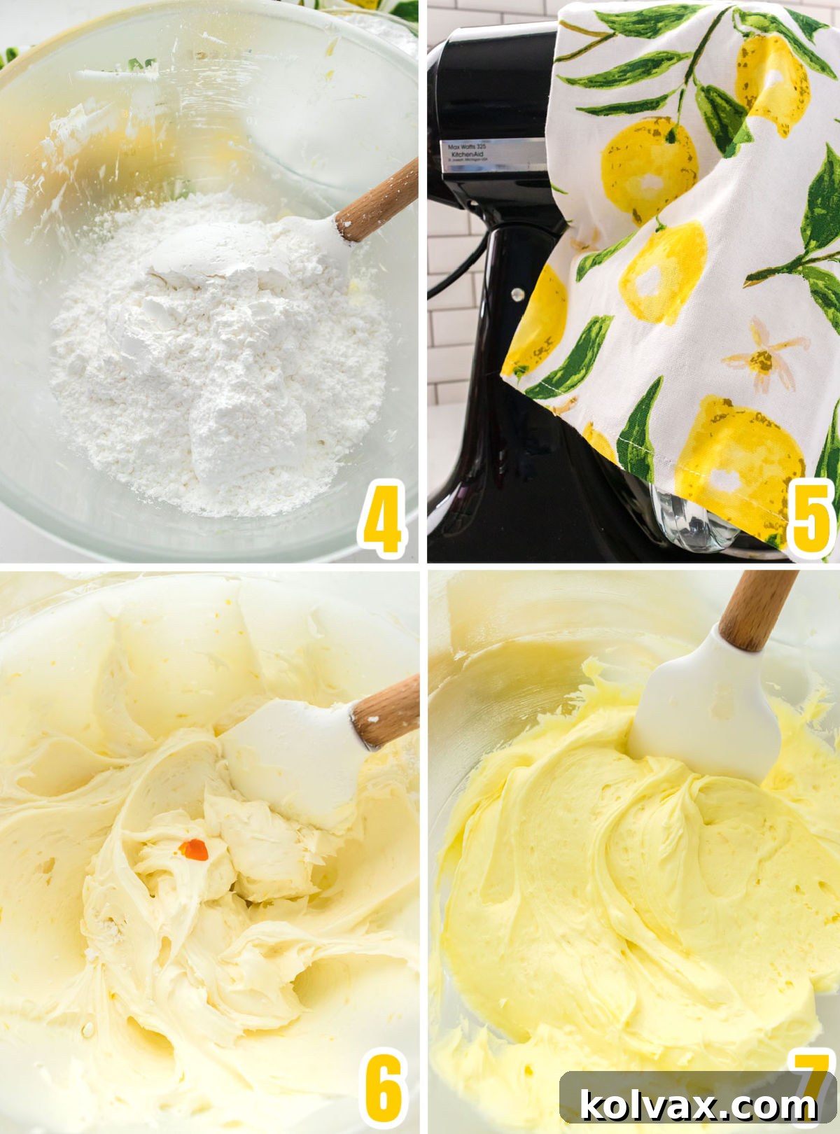 A collage illustrating the process of gradually adding powdered sugar to the lemon and butter mixture in a stand mixer, creating a smooth frosting.