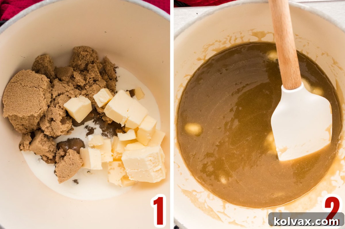 Collage image showing how to melt together brown sugar, milk, and butter in a saucepan to create the initial caramel base for the frosting.
