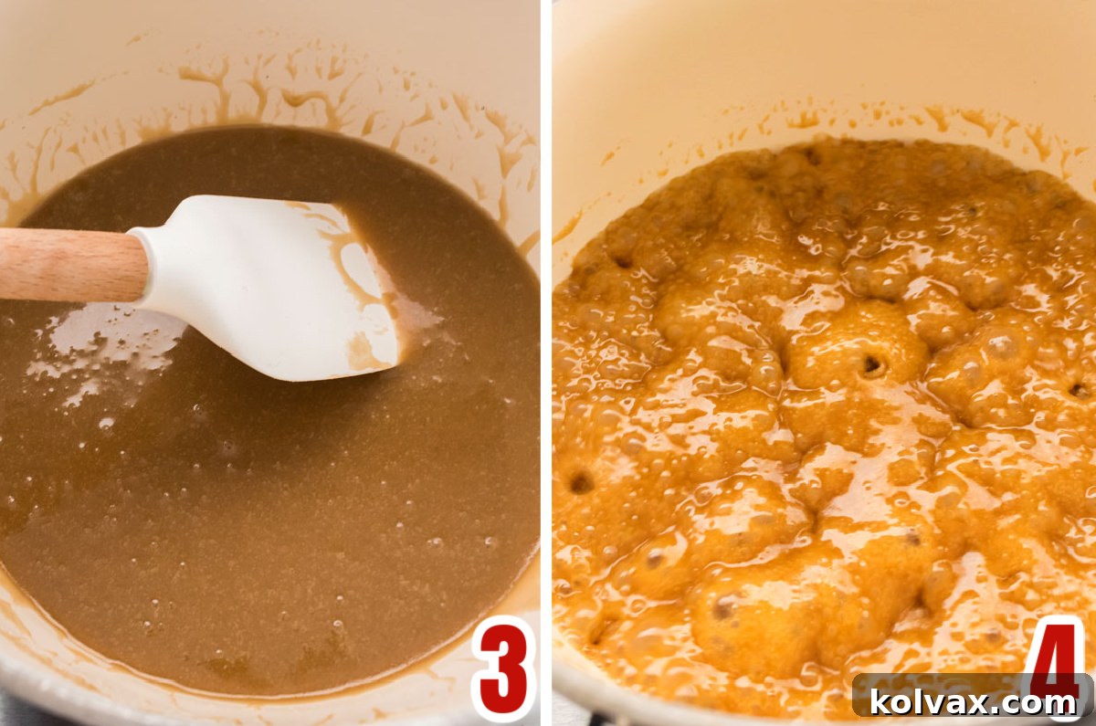 Collage image demonstrating the cooking process of the caramel sauce for the frosting, showing it bubbling and thickening.