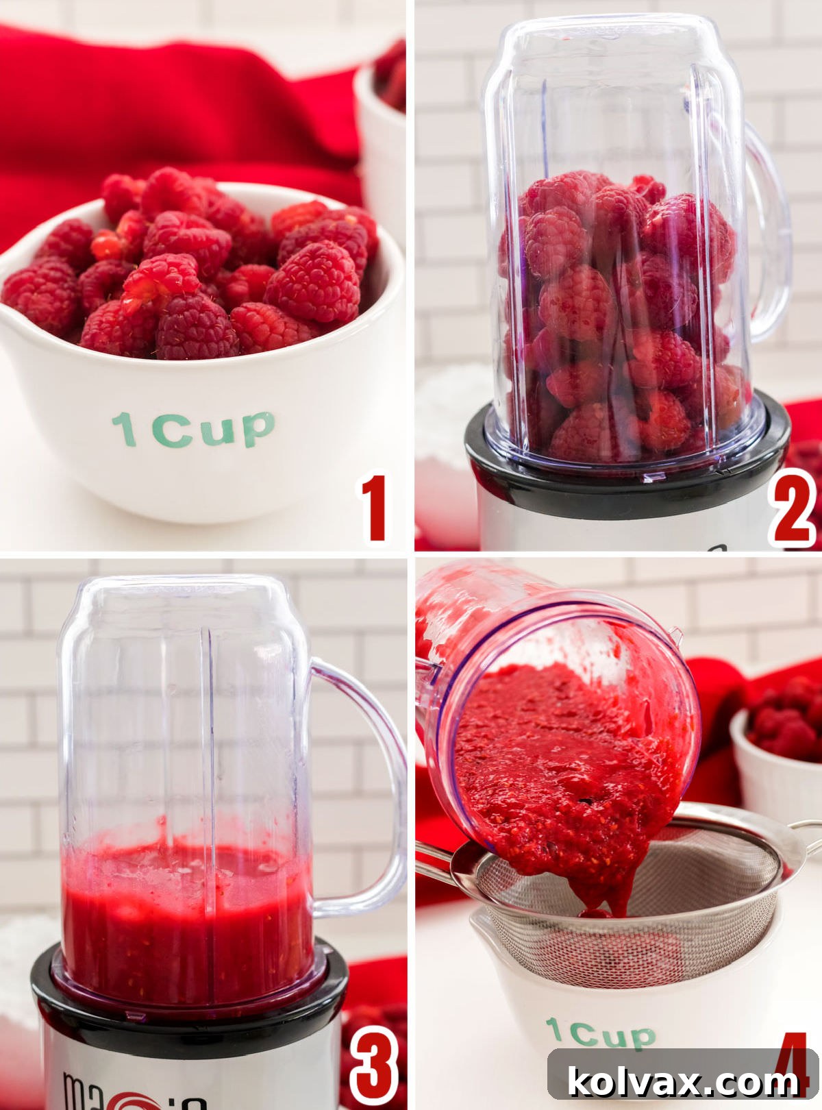 Visual guide: Step-by-step instructions on preparing fresh raspberry puree for frosting, including blending and straining.