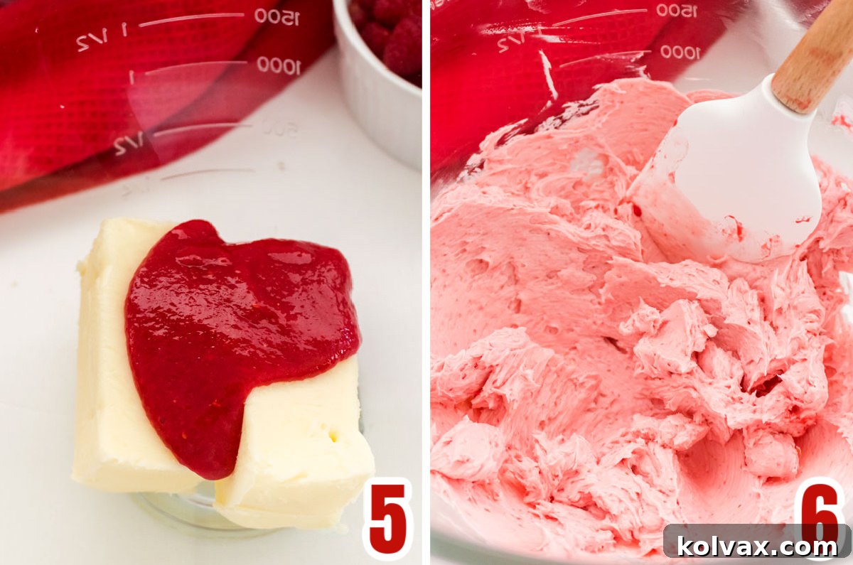 Step-by-step visual of combining softened butter with raspberry puree in a mixing bowl for buttercream frosting.