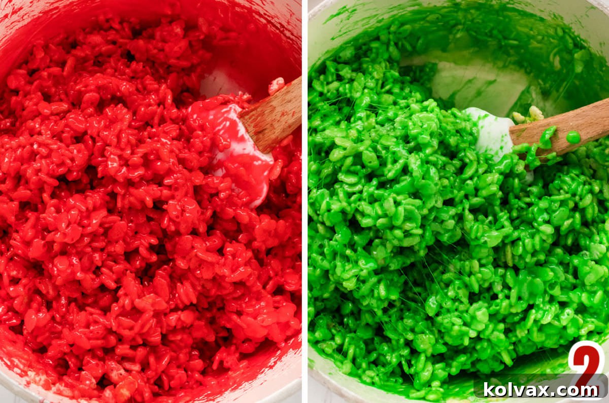 A vibrant collage showcasing the process of coloring Rice Krispie Treat mixture into festive red and green, demonstrating the visual transformation of the base ingredients into holiday-ready colors.