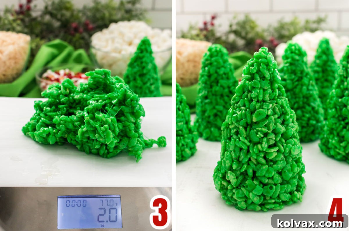 A collage of images demonstrating the process of shaping green Rice Krispie Treat mixture into cone-like Christmas trees, showing hands molding the sticky mixture.