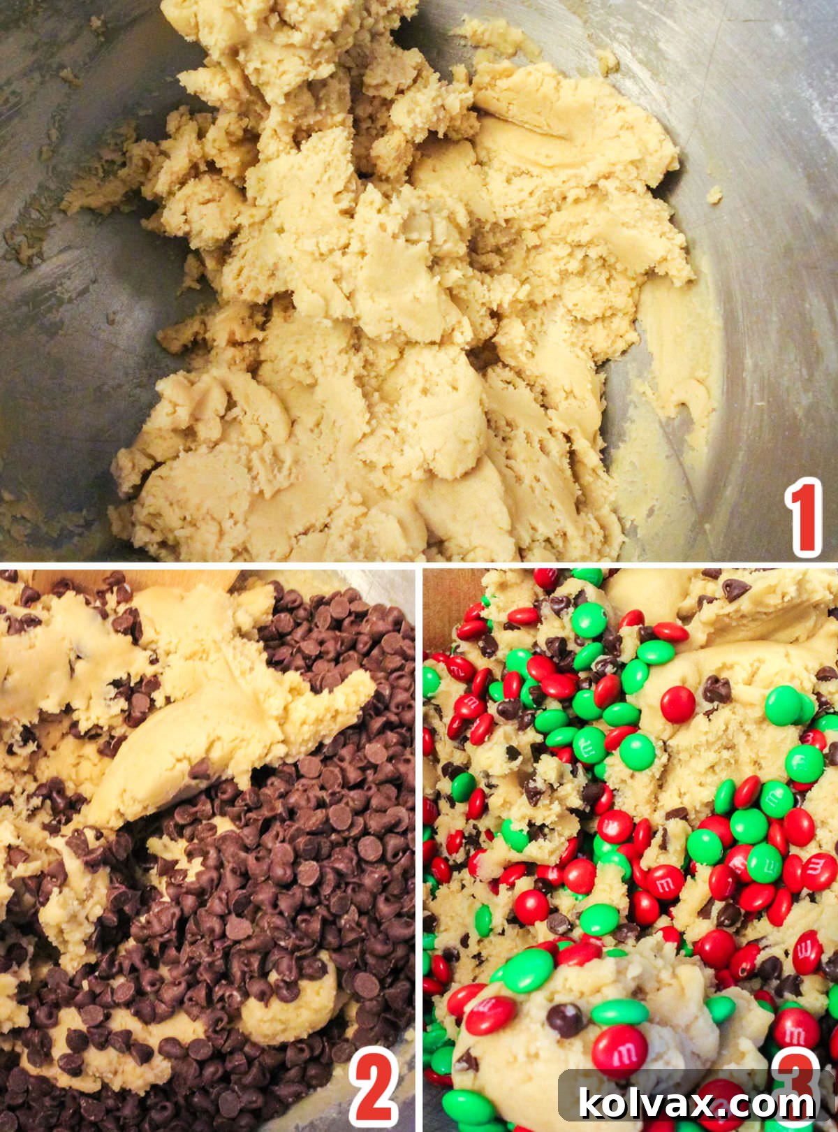 A visual collage illustrating the precise steps involved in preparing the delicious dough for Christmas M&M Mini Cookies, showing ingredients being mixed and combined.