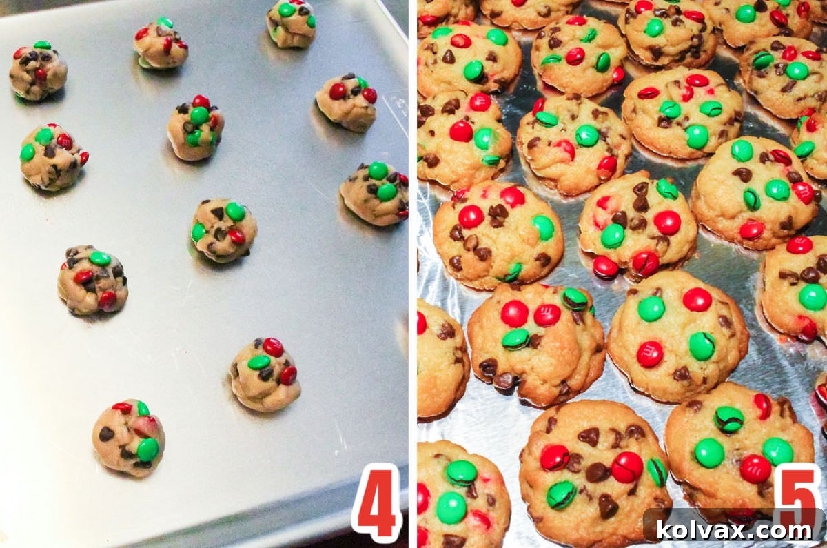 A compelling collage showcasing the transformation of Christmas M&M Mini Cookies, from perfectly portioned raw dough balls on a baking sheet to golden-brown, freshly baked cookies.