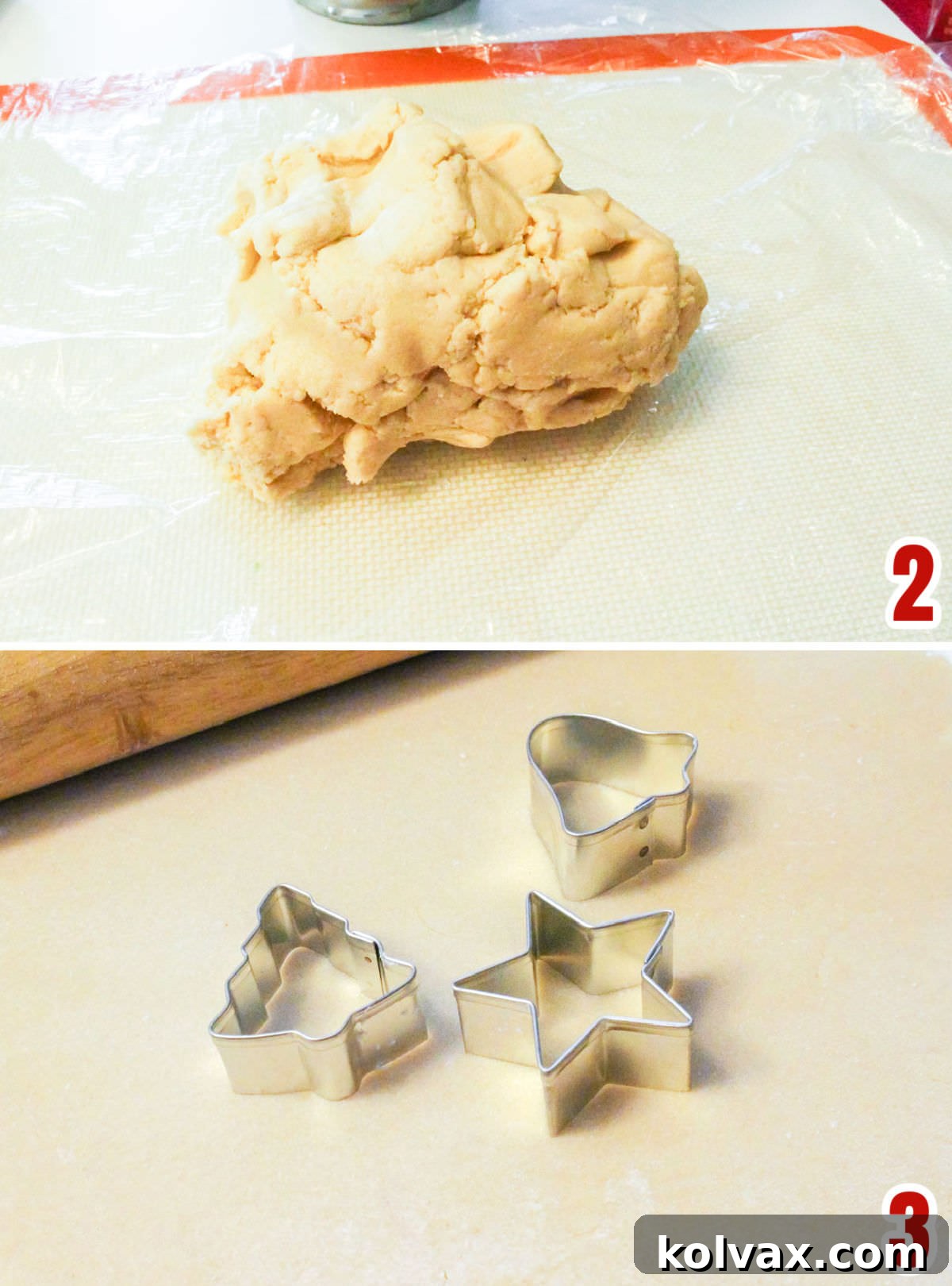 Collage image showing the detailed steps for rolling out the sugar cookie dough to an even thickness and then precisely cutting out small Christmas-themed shapes using mini cookie cutters.