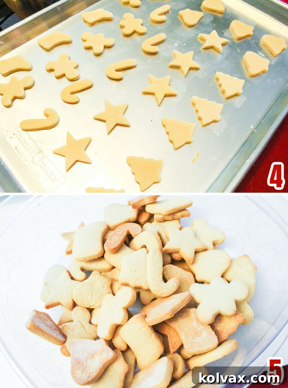 Collage image demonstrating the baking process for the small holiday-themed Sugar Cookies, showing them arranged on a baking sheet and golden brown after baking.