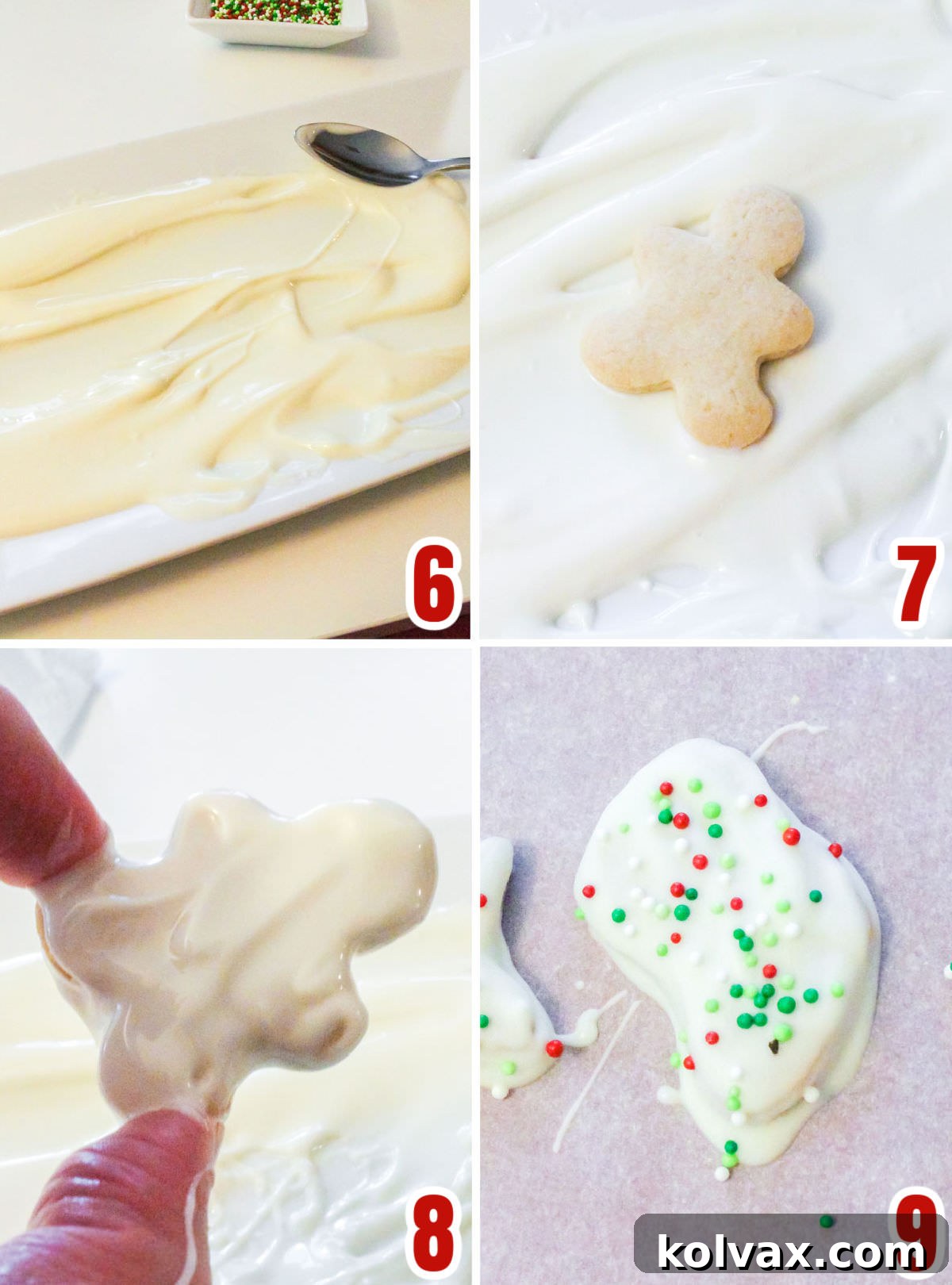 Collage image showing the step-by-step process for covering the small Christmas sugar cookies in melted white chocolate, demonstrating dipping and spreading techniques.