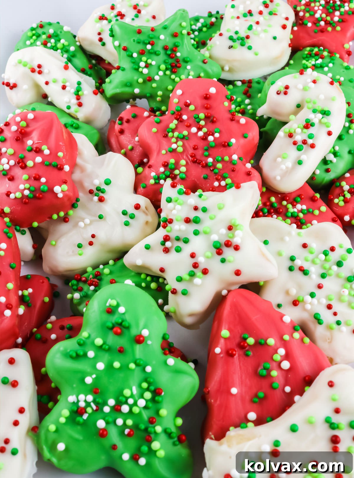 Closeup on a bountiful batch of Christmas Circus Animal Cookies, beautifully arranged on a white platter, ready to be enjoyed.