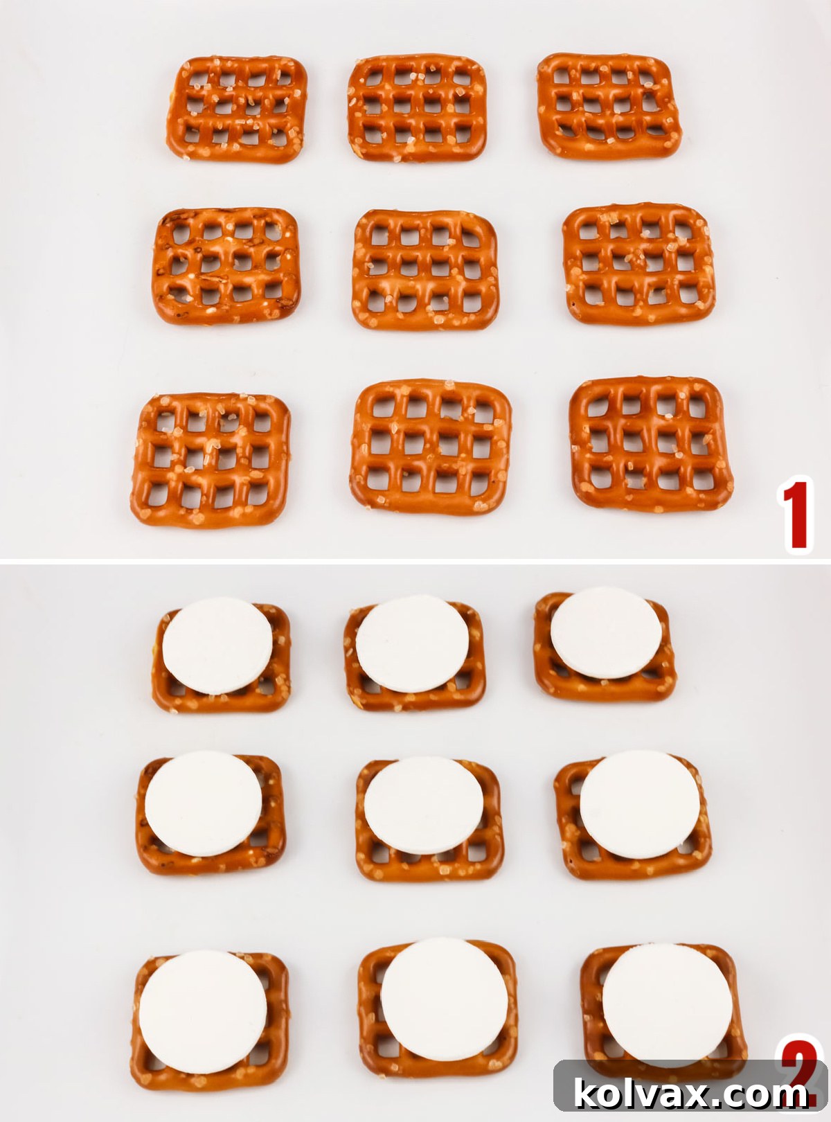 Collage image showing how to prepare the pretzels for the candy melts.