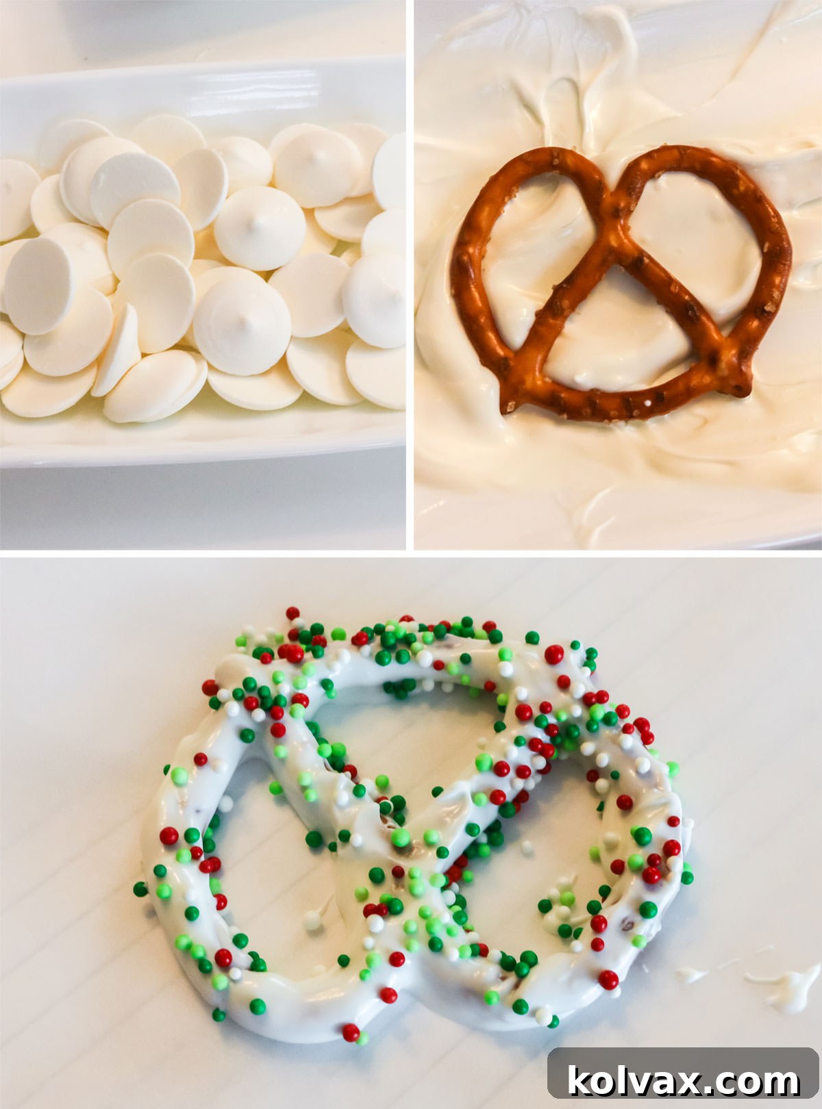 Sweet and Salty Chocolate Pretzel Perfection 3 Collage image showing how to cover pretzels in White Chocolate, step-by-step.