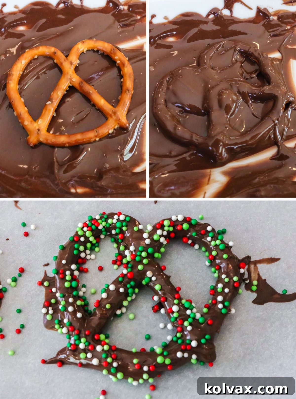 Sweet and Salty Chocolate Pretzel Perfection 4 Collage image showing how to covered pretzels in dark chocolate, step-by-step.