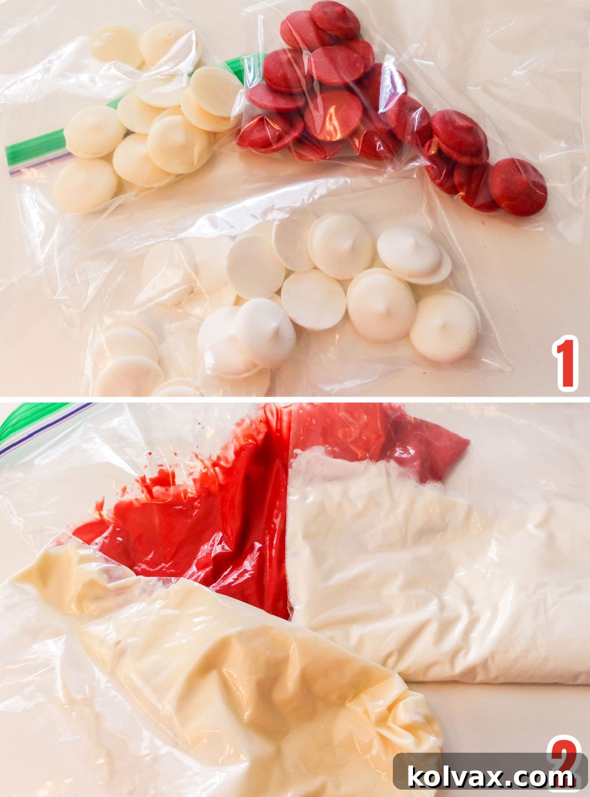 A visual guide showing the process of melting Wilton Candy Melts in plastic bags using a microwave.