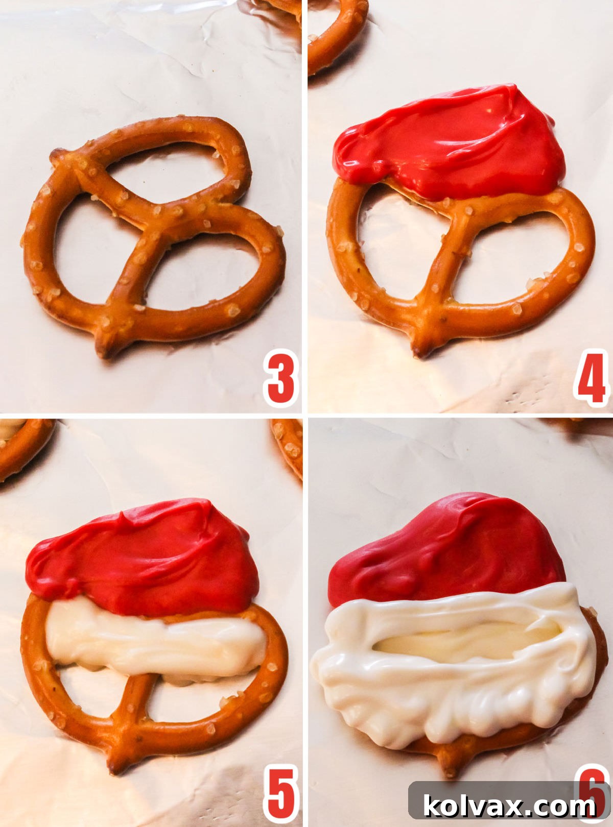 A collage of images demonstrating how to construct Santa's face using red and white candy melts on pretzels.