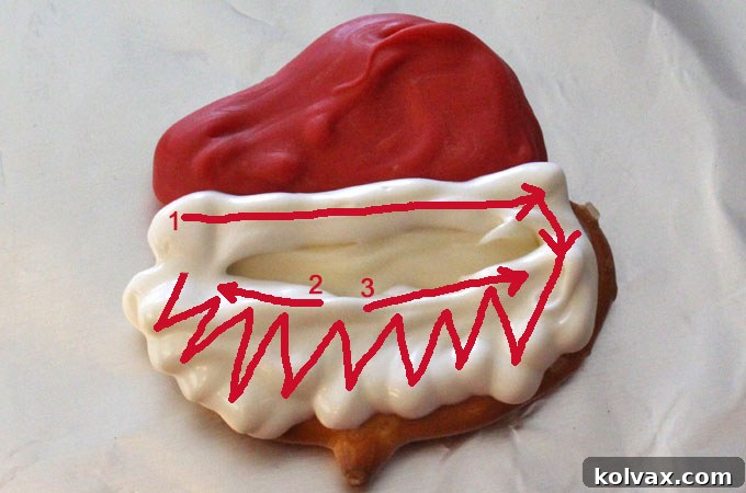 Detailed step-by-step instructions illustrated with images on how to add Santa's fluffy beard and hat brim using bright white candy melts.