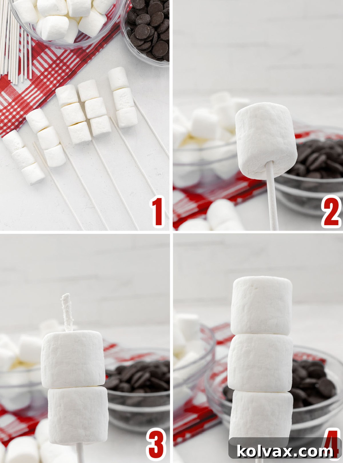 Collage image showing the steps for placing the Marshmallows on the lollipop sticks, from sorting to skewering.