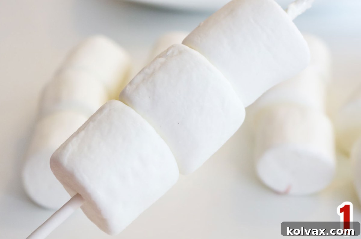 Three marshmallows expertly threaded onto a lollipop stick, ready for coating.