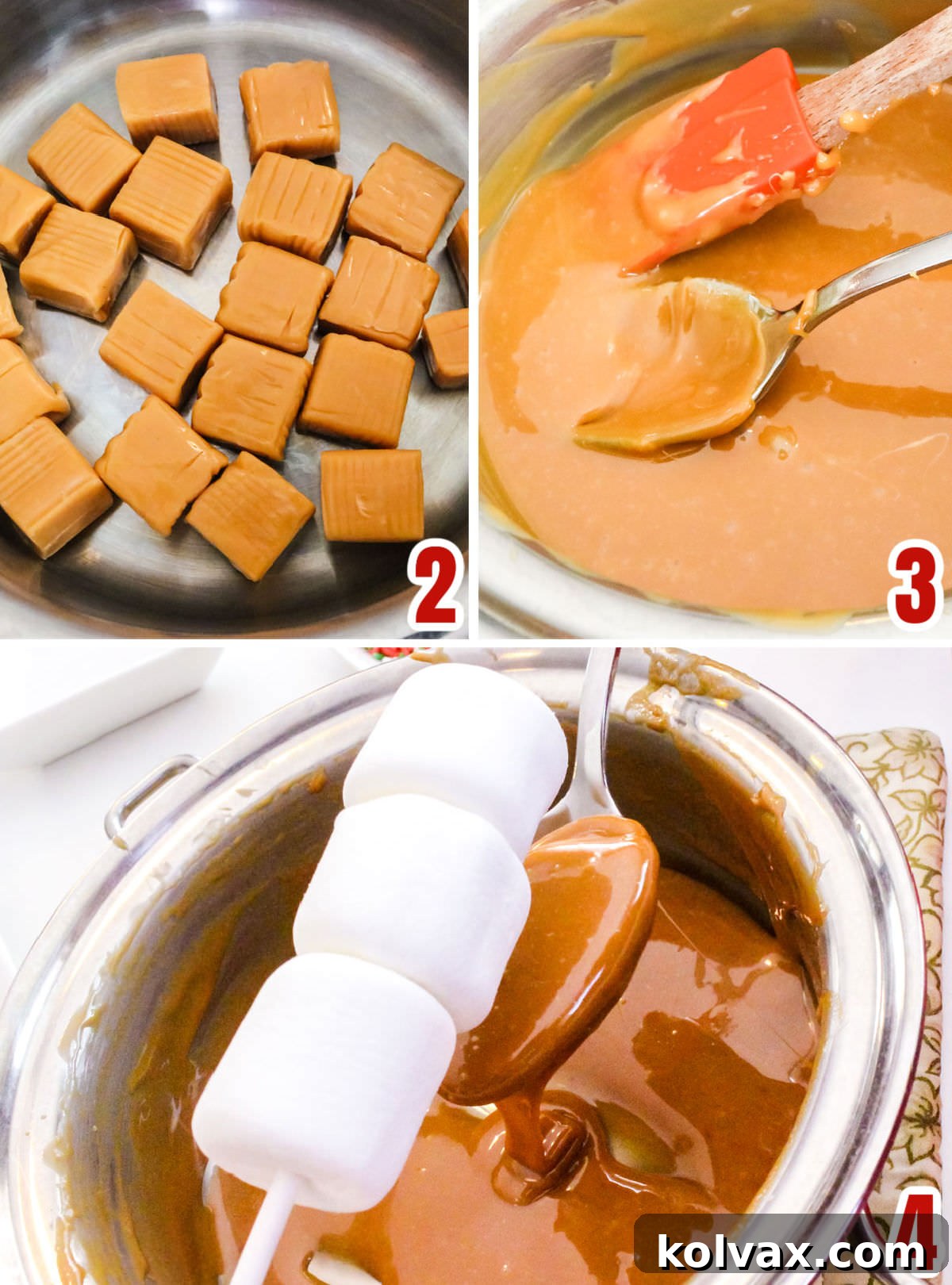 Collage image showing the detailed steps for covering the marshmallow pop with perfectly melted caramel, ensuring an even and delicious layer.