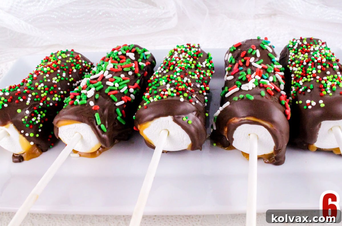 Sideview of five beautifully decorated Christmas Caramel Marshmallow Pops laying artfully on a white plate, ready for serving.