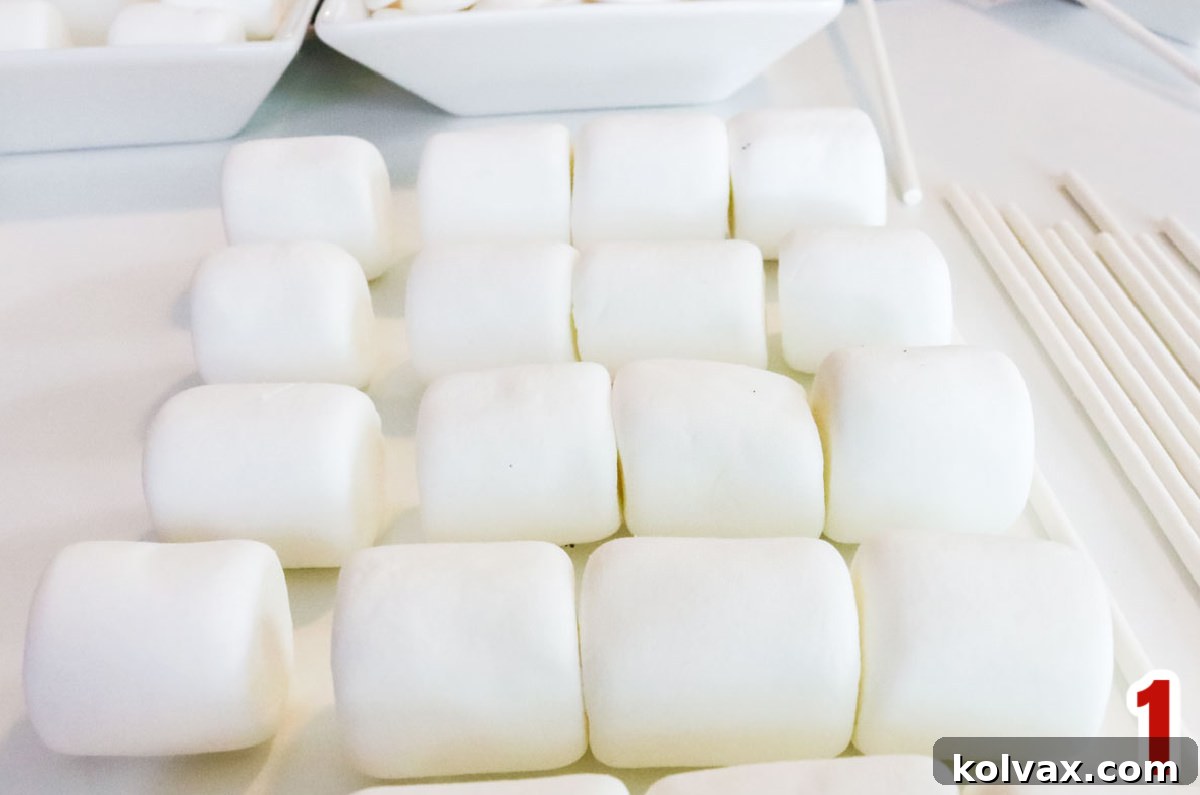 Rows of regular-sized marshmallows neatly arranged next to lollipop sticks, ready for assembly.