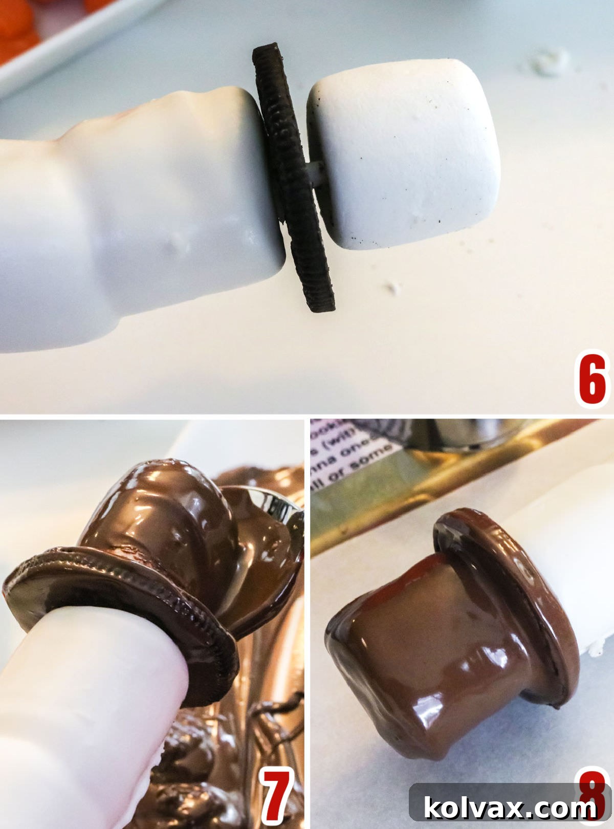 A four-panel collage demonstrating how to position the final marshmallow and Oreo brim, melt dark chocolate, and dip to create the snowman's iconic chocolate top hat.