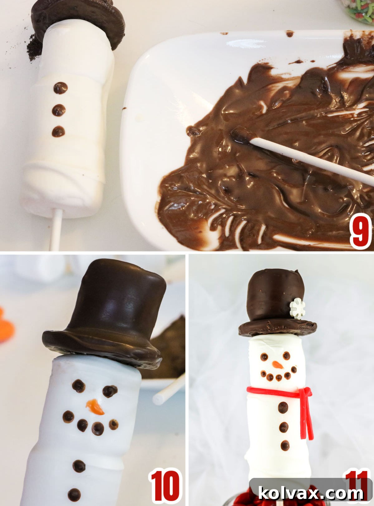 A four-panel collage demonstrating the final decoration steps: adding chocolate buttons, creating the facial features, drawing a carrot nose, and affixing a snowflake sprinkle to the hat.
