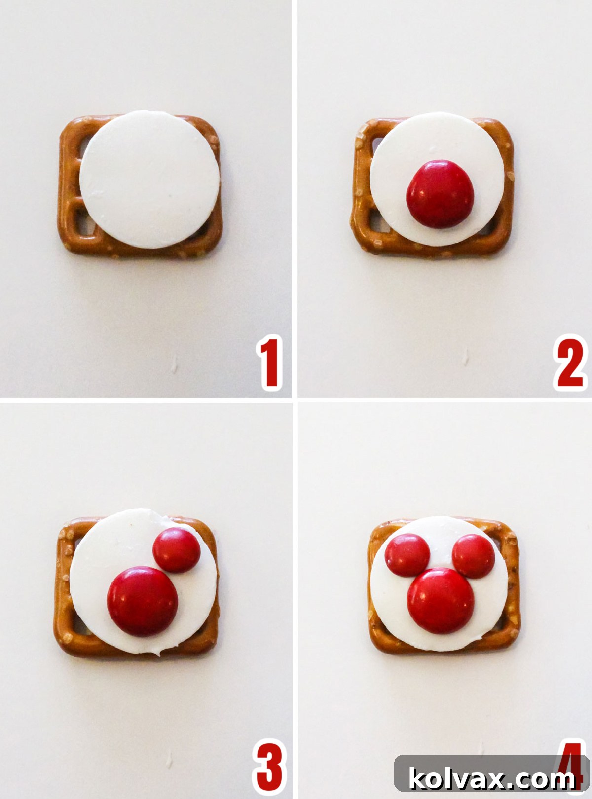 Festive Mickey Pretzel Delights 3 Collage image showing the simple steps for creating the Christmas Mickey Mouse Pretzel Bite, from placing candy melts to adding M&M's.