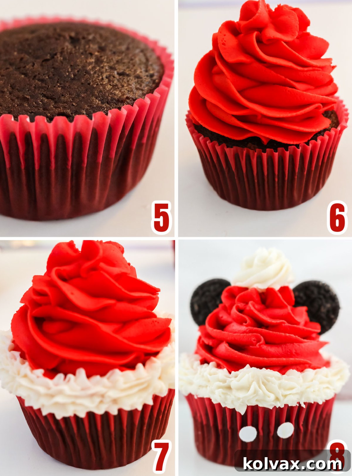 Mickey's Jolly Santa Hat Cupcakes 7 Collage image showing the step-by-step process for creating the Santa Hat design from red and white frosting on a cupcake.