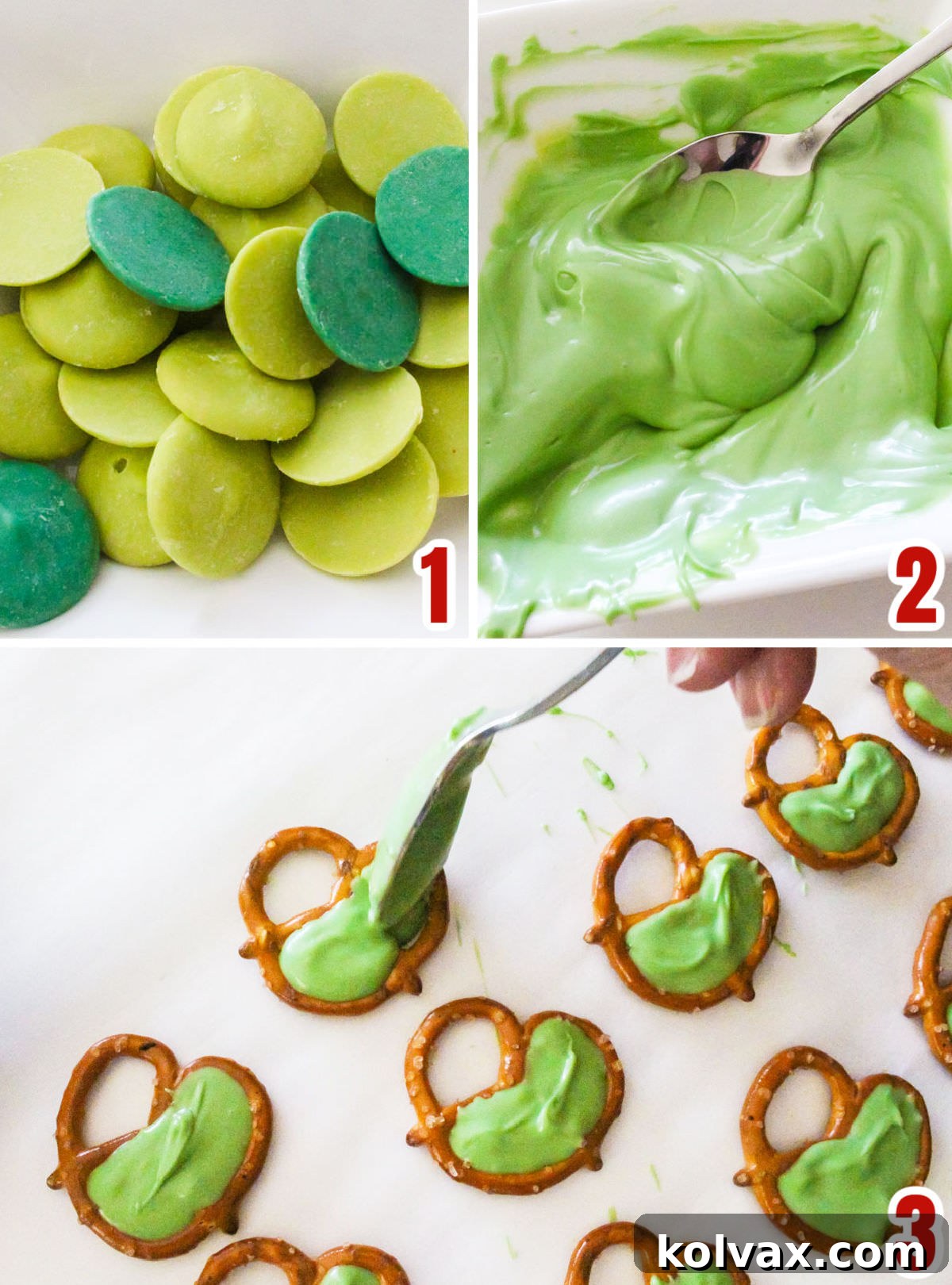 Collage image showing the step-by-step process for making the Grinch's green face using candy melts and mini pretzels.
