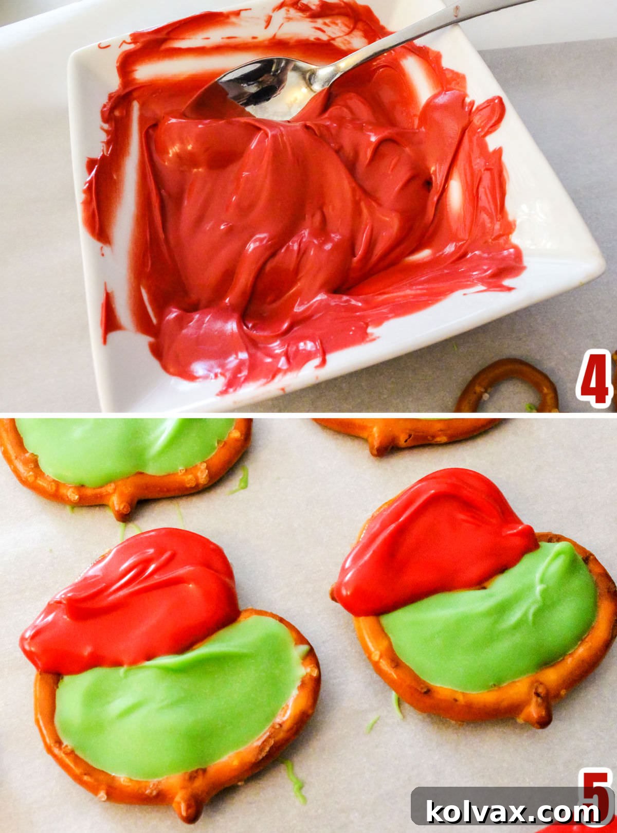 Collage image showing the steps for adding a festive red Santa Hat to the green Grinch pretzel faces.