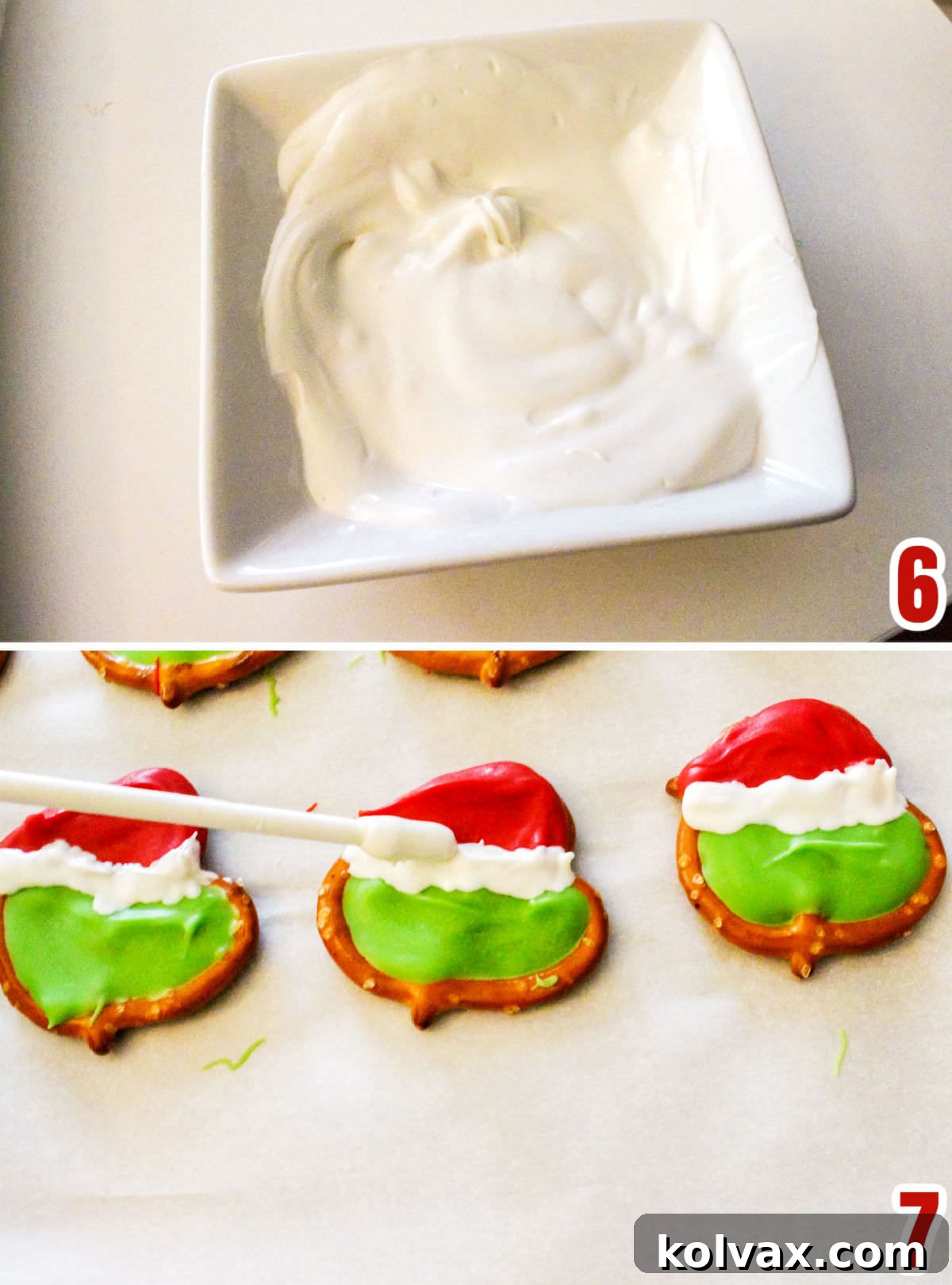 Collage image showing the steps for adding the white fur brim and pom-pom to the Grinch's Santa hat.