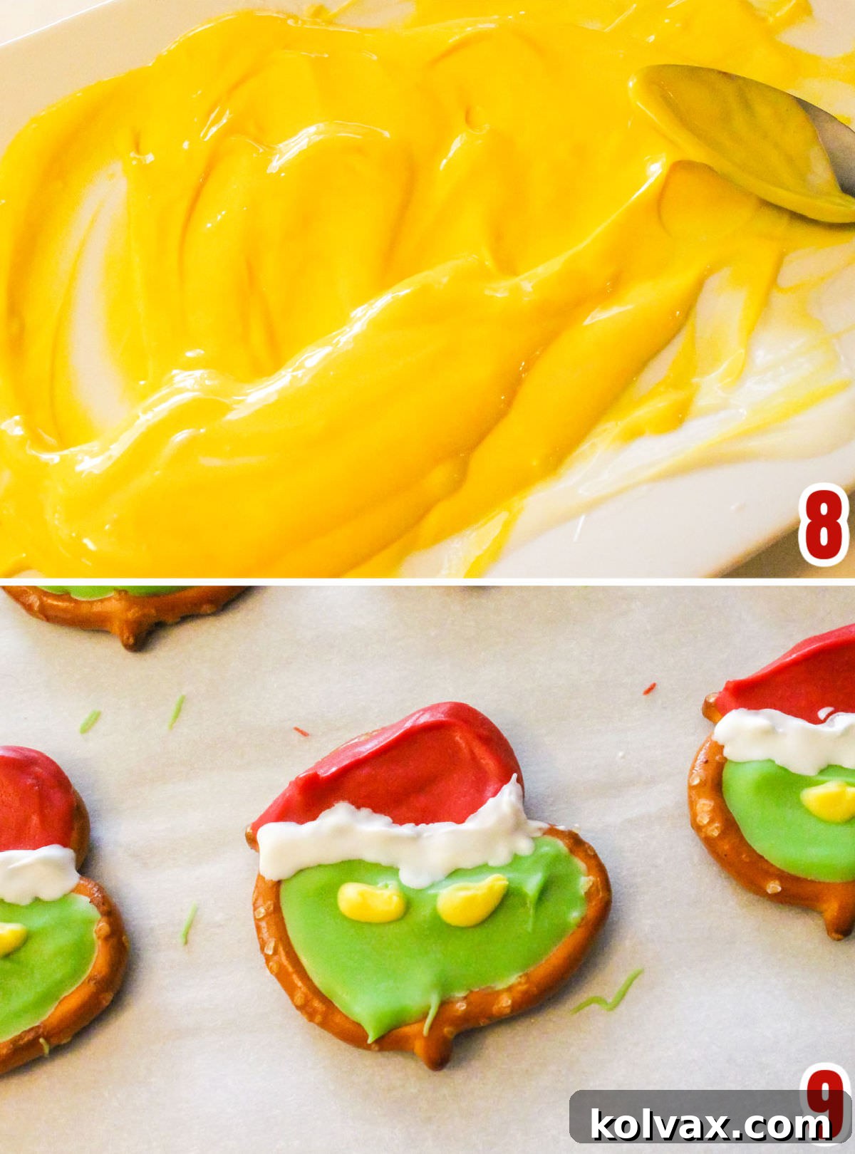 Collage image showing the steps for adding bright yellow eyes to the Grinch Pretzels.