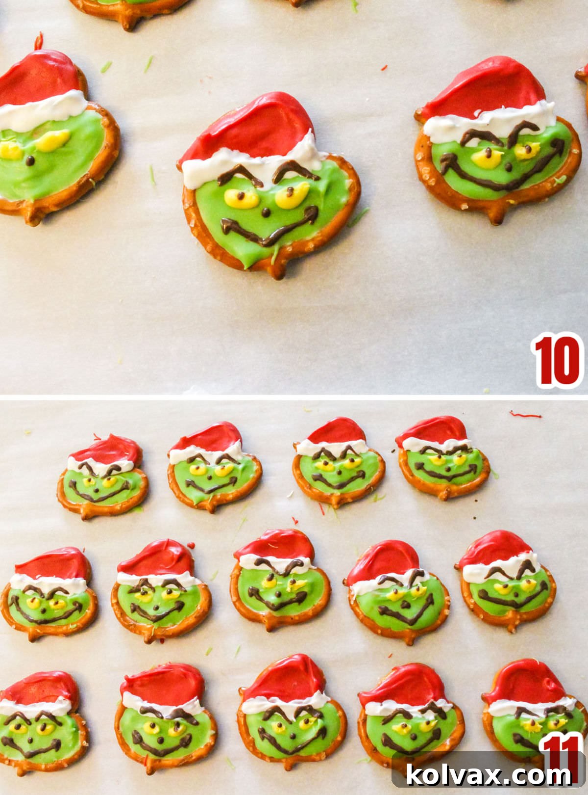 Collage image showing the final steps for adding the Grinch's chocolate eyes, eyebrows, and mouth to the Grinch Pretzels.