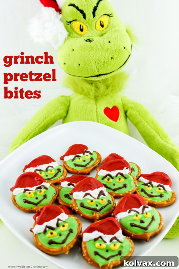 Grinch Pretzels on a white platter