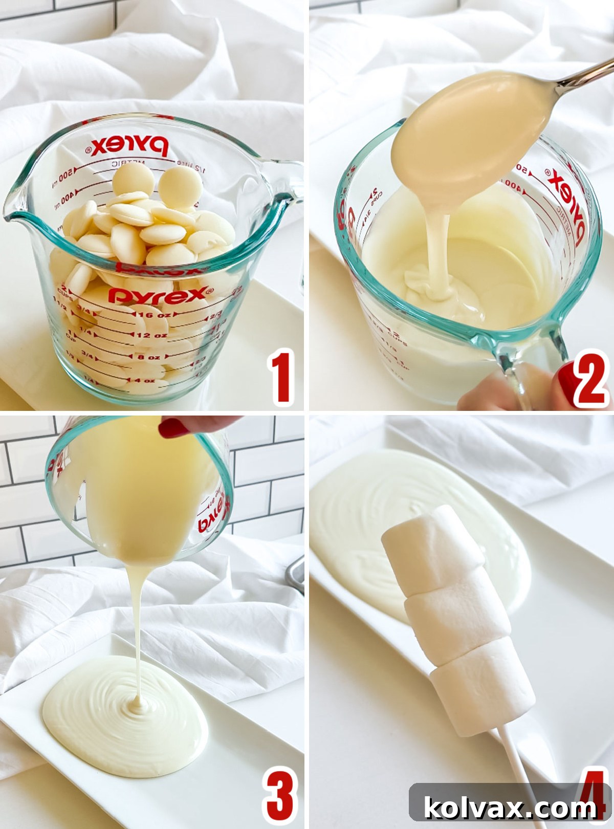 Collage image demonstrating the process of melting white chocolate for dipping, including stirring and pouring into a shallow dish.