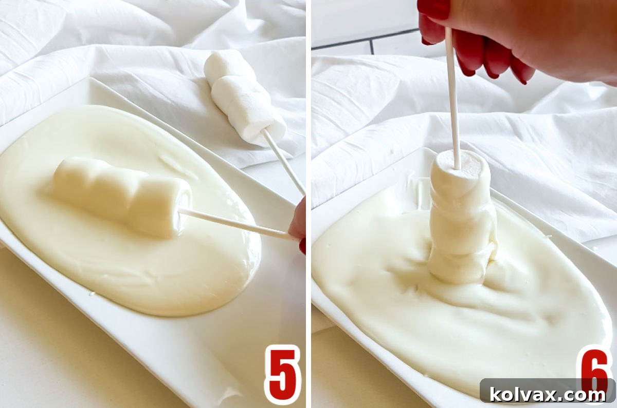 Collage image illustrating the steps for coating marshmallow pops in melted white chocolate, showing dipping and smoothing techniques.